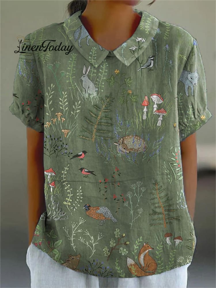 Woodland And Animal Pattern Printed Women&rsquo;s Casual Cotton Linen Shirt