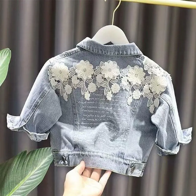New Children's Denim Jackets Girl Trench Jean Embroidery Jackets Girls Kids clothing baby Lace coat Casual outerwear Windbreaker