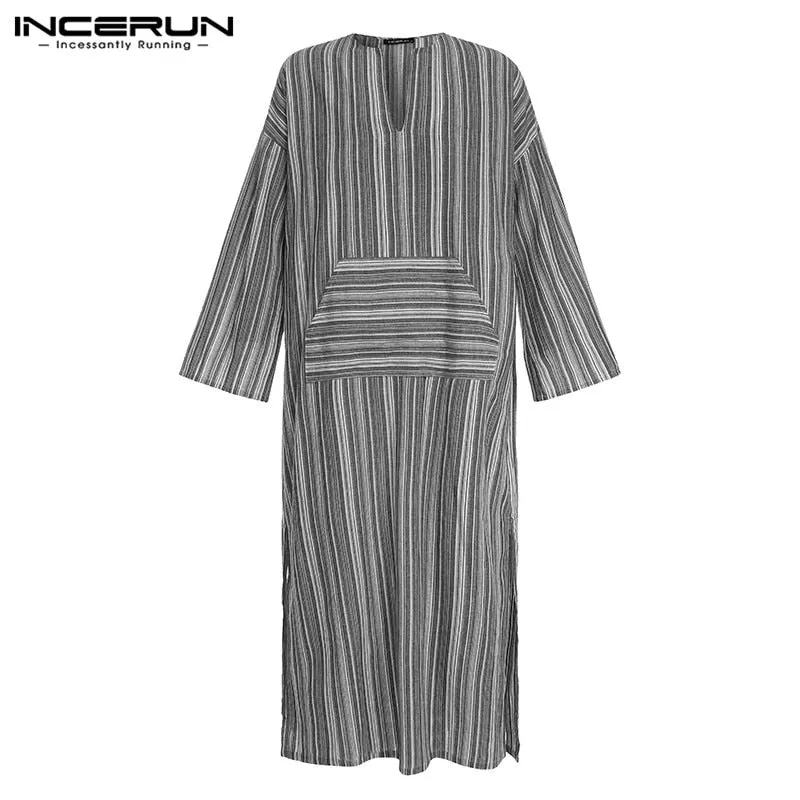 INCERUN Men Muslim Kaftan Cotton Arabic Islamic Robes Striped Retro Pockets Long Sleeve Middle East Men Jubba Thobe S-5XL 2022