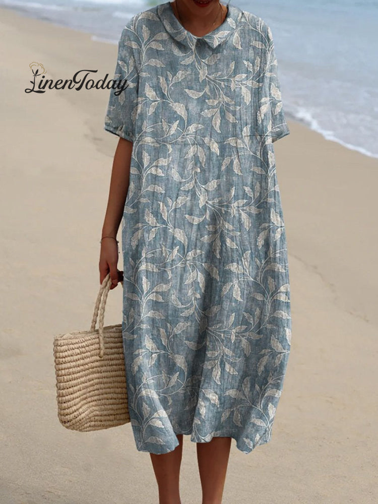 Spring Vines Pattern Printed Women&rsquo;s Pocket Linen Dress (Convertible With Front And Back Option)