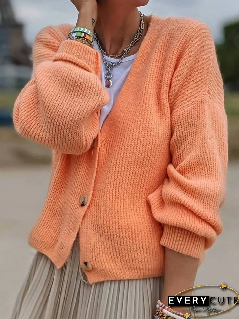 Women Casual Autumn Solid V neck Jersey Mid-weight Daily Long sleeve Sweater