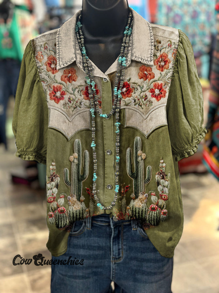 Vintage Cactus Prints Casual Cotton Shirt Multicolor / S