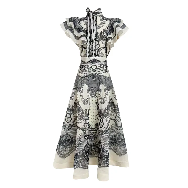 Brownm Fashion Printed Dress Women's Spring 2025 New Korean Casual High-Sleeve High-Rise Half-Senior Dress