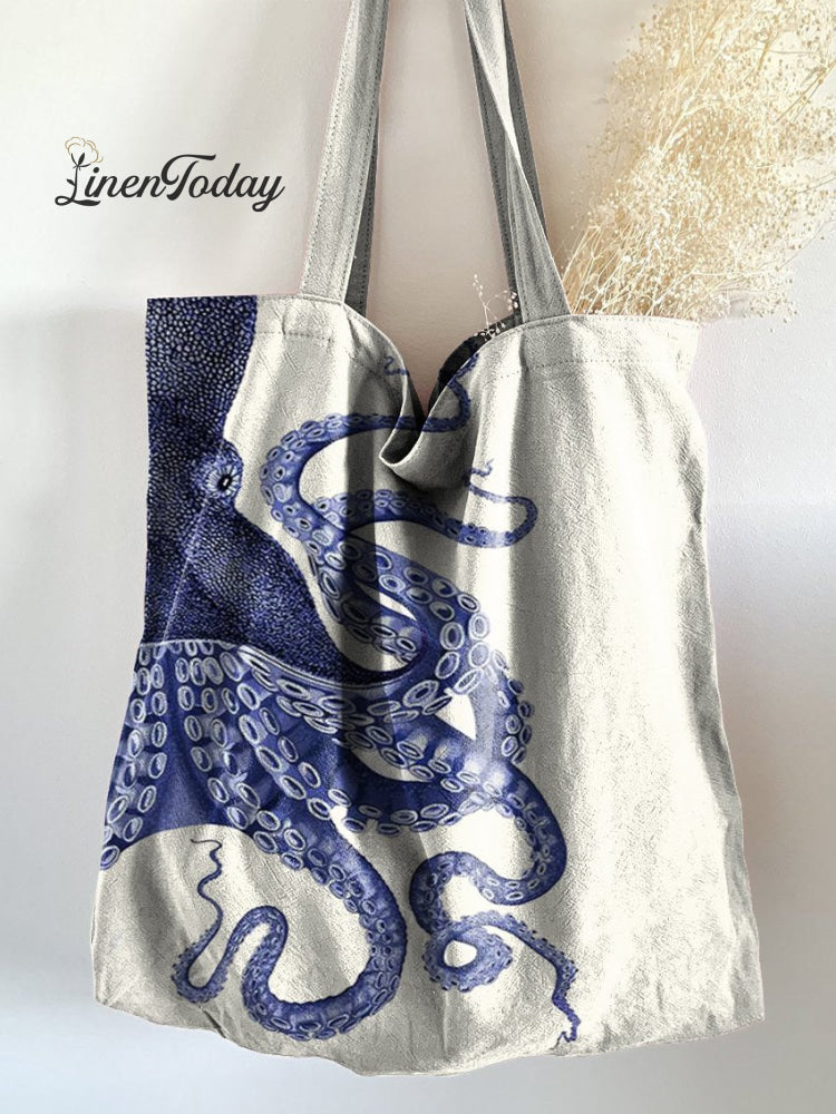 Vintage Deep Sea Octopus Tentacles Art Print Linen Tote Bag Multicolor / 43Cmx40Cm
