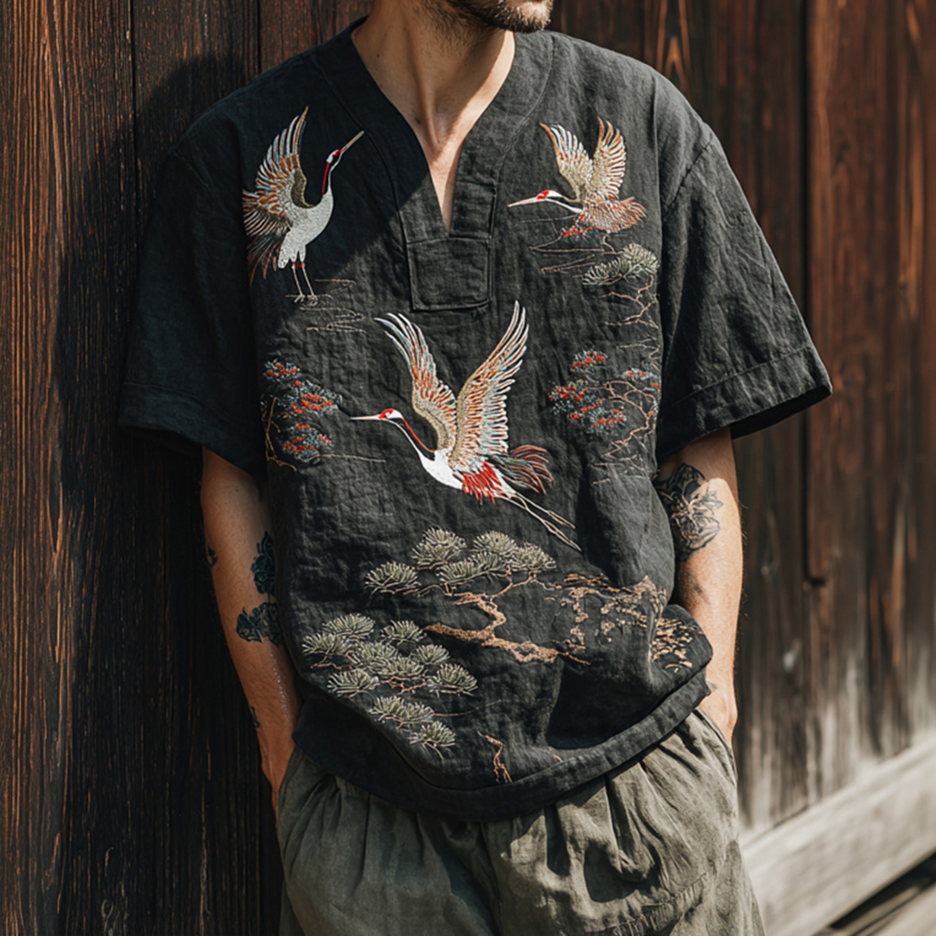 Men's Japanese Art Pine And Crane Embroidery Linen Blend Shirt