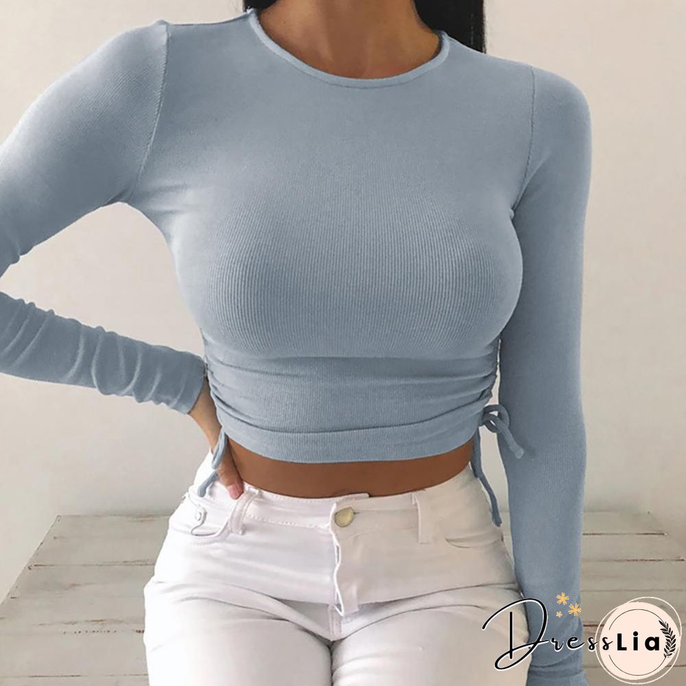 Casual Solid O-Neck Long Sleeve Crop Top Women Side Drawstring Ruched White T-Shirt Female Tee Shirt Top For Women Clothing