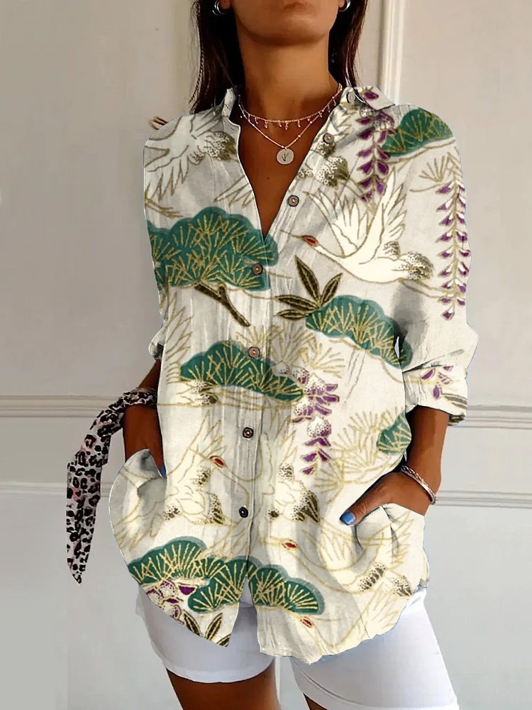 Japanese Classic Crane Flower Branches Print Casual Long-sleeved Shirt