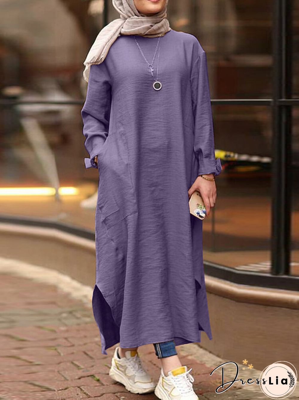Casual Solid Color Side Split Pockets Long Sleeve Dress