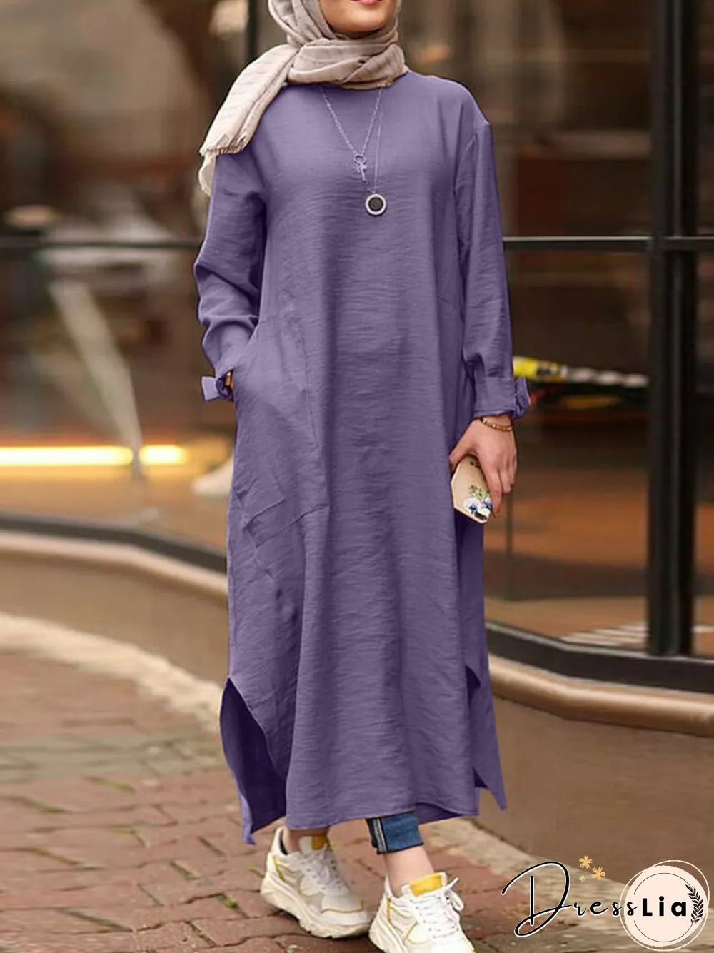 Casual Solid Color Side Split Pockets Long Sleeve Dress