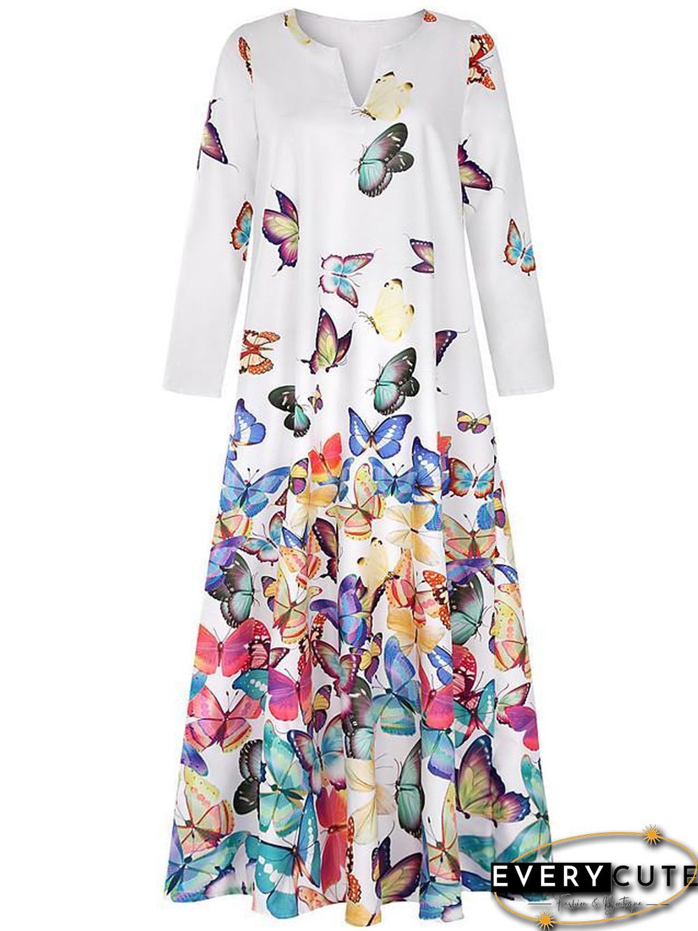 Women's Shift Dress Maxi long Dress - Long Sleeve Butterfly Spring Fall Hot Loose White Yellow Blushing Pink Light Blue S M L XL XXL 3XL 4XL 5XL