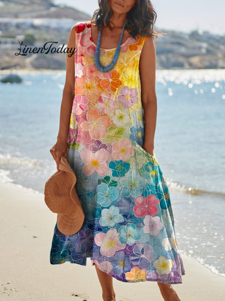 Women&rsquo;s Elegant Flowers Art Print Casual Pocket Pinafore Linen Dress Multicolor / S