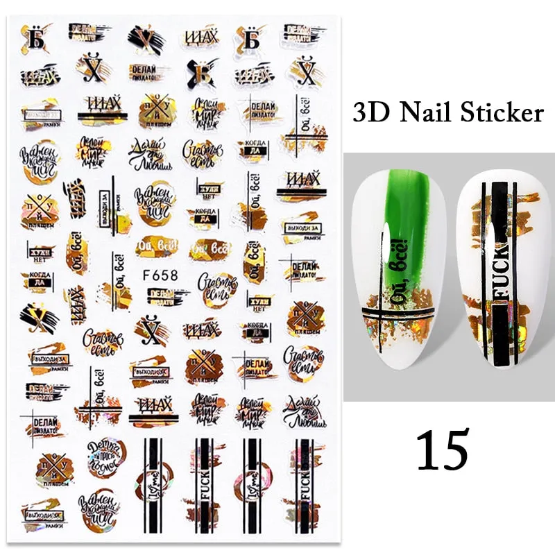 1PC iridescent Gold Black White 3D Nail Sticker Leaves Geometric Tropical Beach Decals DIY Slider Decoration Manicures-Nail Inspo