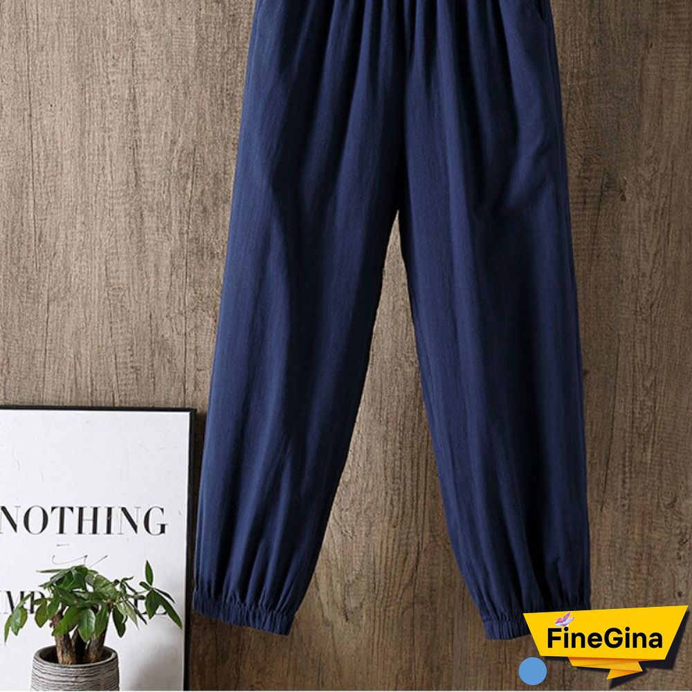 Casual Style Cotton Linen Pants Women Spring Summer New Elastic Waist Solid Basic Retro Loose Women's Harem Pants Trousers