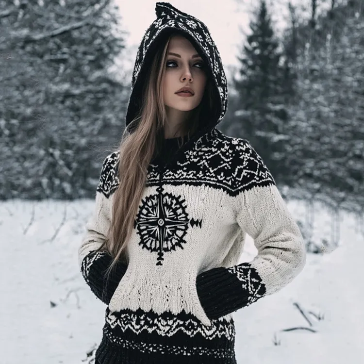 Vintage Viking Compass Celtic Cozy Chunky Hooded Cardigan