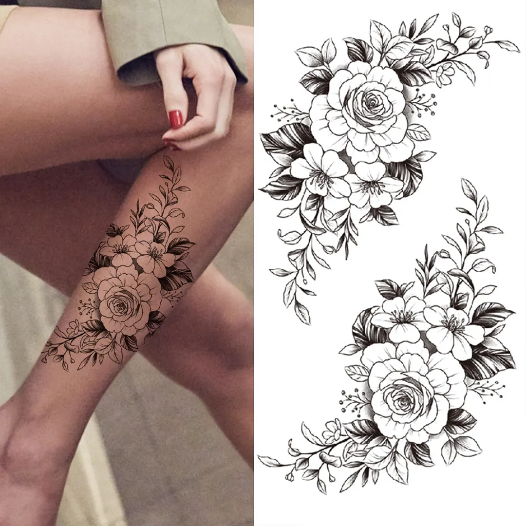 Sdrawing Fake Peony Temporary Tattoos For Women Girl Black Rose Elephant Flower Tattoo Sticker Tiger Anemone Tatoos Half Sleeve 1020-0