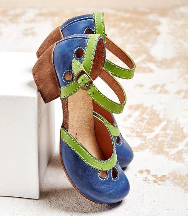 Qengg Buckle Cute Mary Janes Pumps Women Cutout Rome Round Toe Casual Office Comfy Summer High Heels Shoes Chunky Heels Pumps