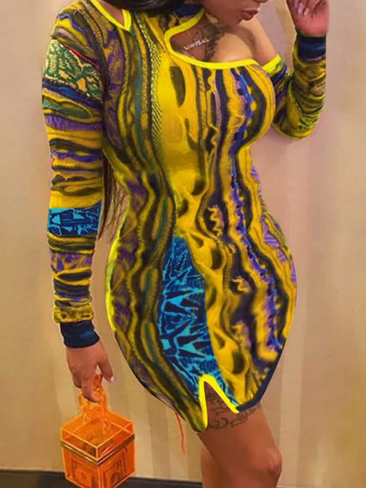 Women Plus Size Mini Dresses Street Color Print Off-Shoulder Bodycon Sexy Dress