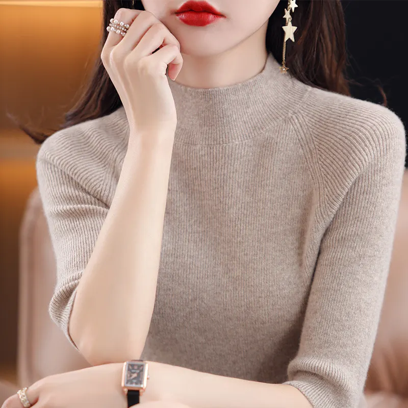 Churchf Churchf Summer Slim Head Five Minute Sleeve Bottom Top New Half High Collar Solid Color Simple Medium Sleeve Sweater Women