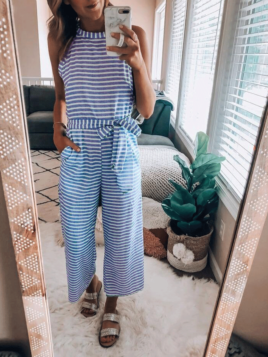 Round Neck Stripe Sexy Jumpsuit