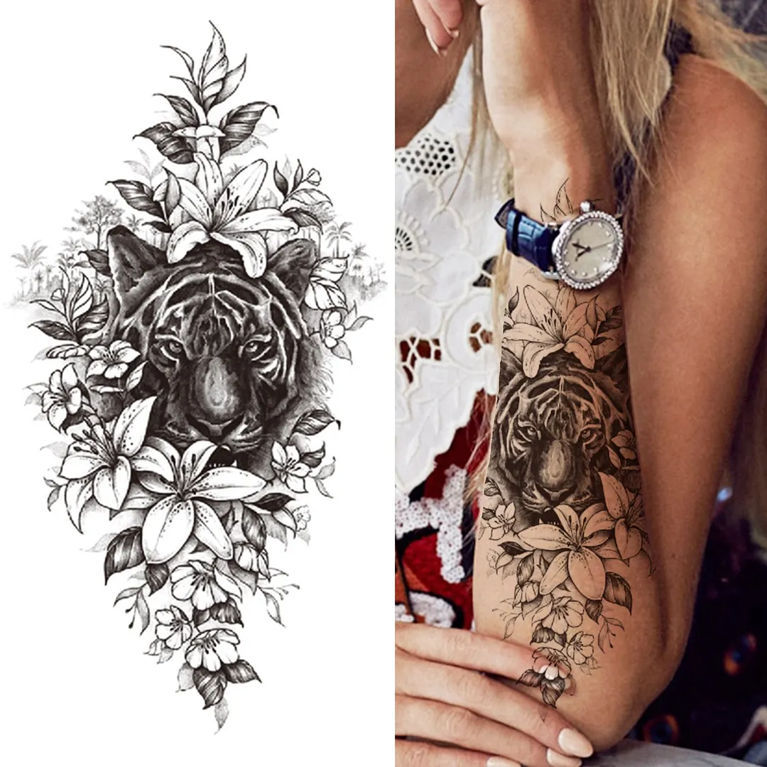 Realistic Fake Peony Temporary Tattoos For Women Girl Black Rose Elephant Flower Tattoo Sticker Tiger Anemone Tatoos Half Sleeve 1108-1