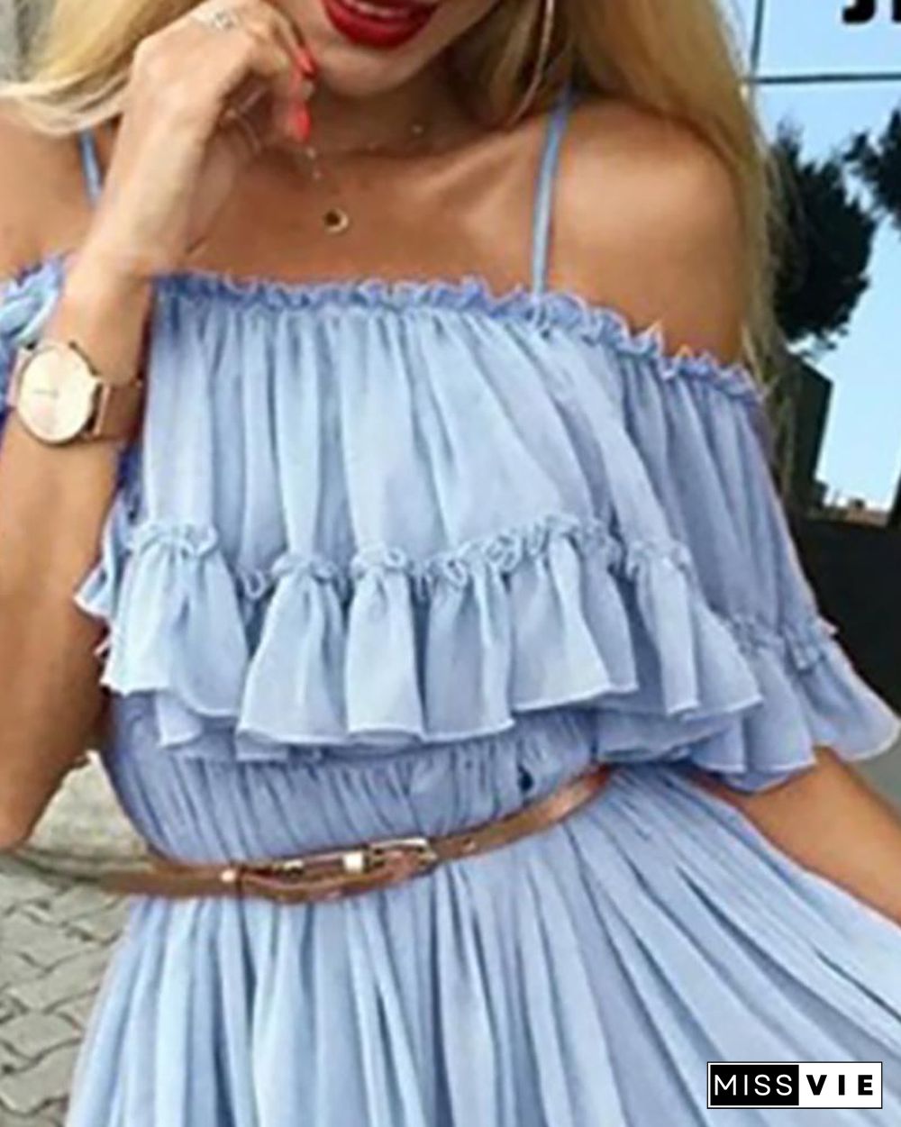 Cold Shoulder Frill Layered Ruffles Dress P10875