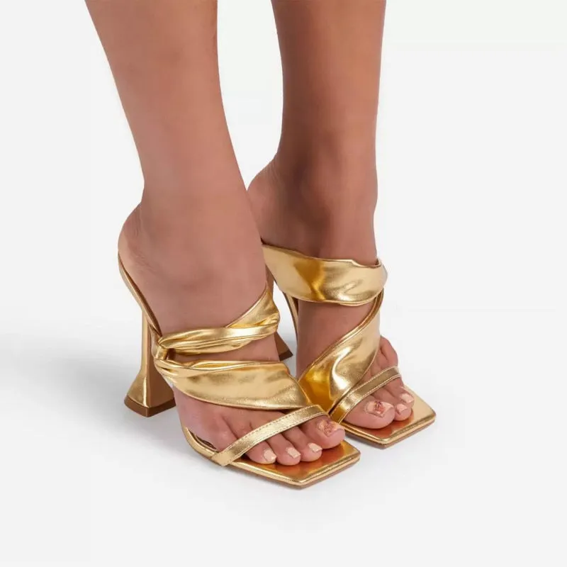 Women Party Shoes Summer High Heels Large Size Fish Mouth Fashion Pleated Gold Solid Stiletto Ladies Sandal  Zapatos De Mujer