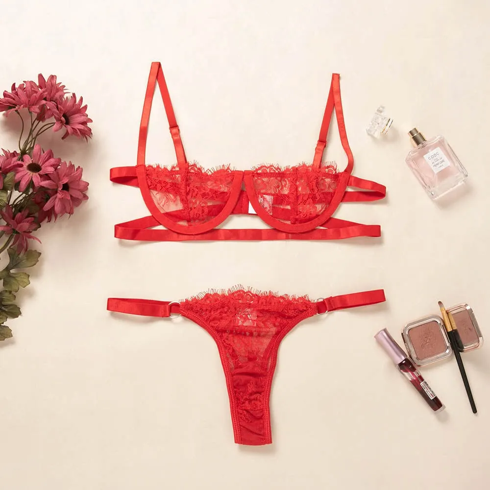 Ellolace Sexy Women's Underwear Lingerie Transparent Bra Low Cup Lace Underwear Set Lenceria Sexy Lingerie Set Bra And Panty Set 514-1
