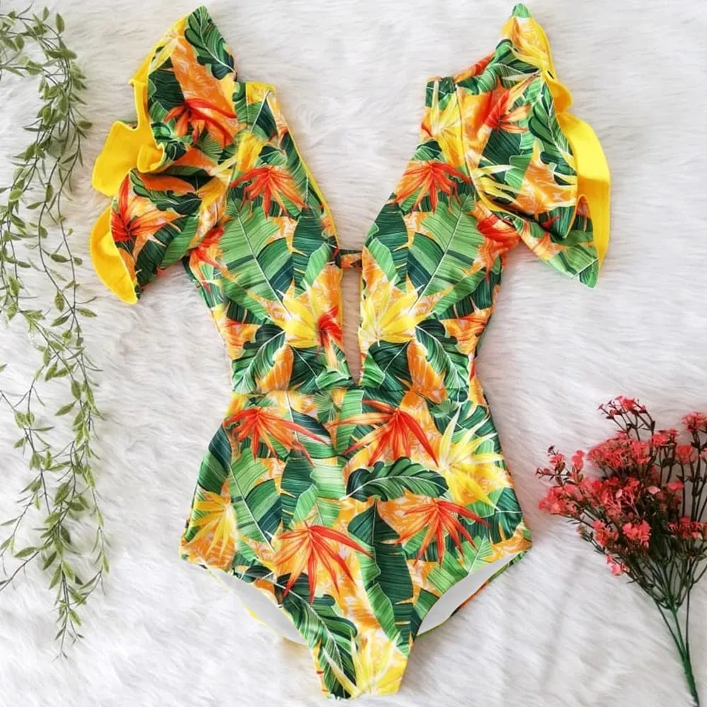 2022 New Sexy Ruffle Print Floral One Piece Swimsuit Off The Shoulder Swimwear Women Solid Deep-V Beachwear Bathing Suit Monkini