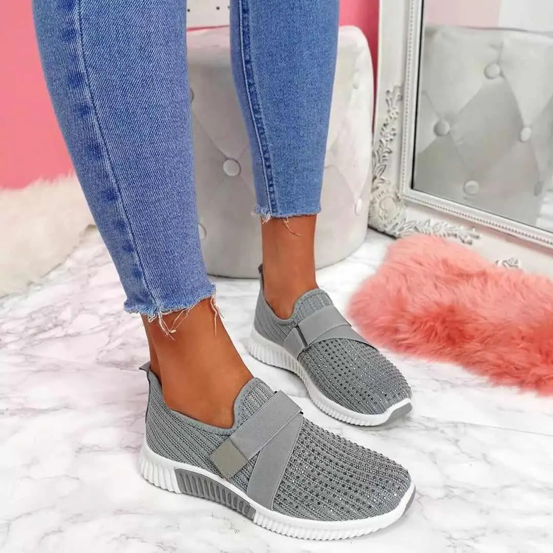 Women Casual Sneakers New Bling Rhinestone Ladies Shoes Slip On Comfortable Sole Running Walking Shoes Female Flat Mesh Shoes