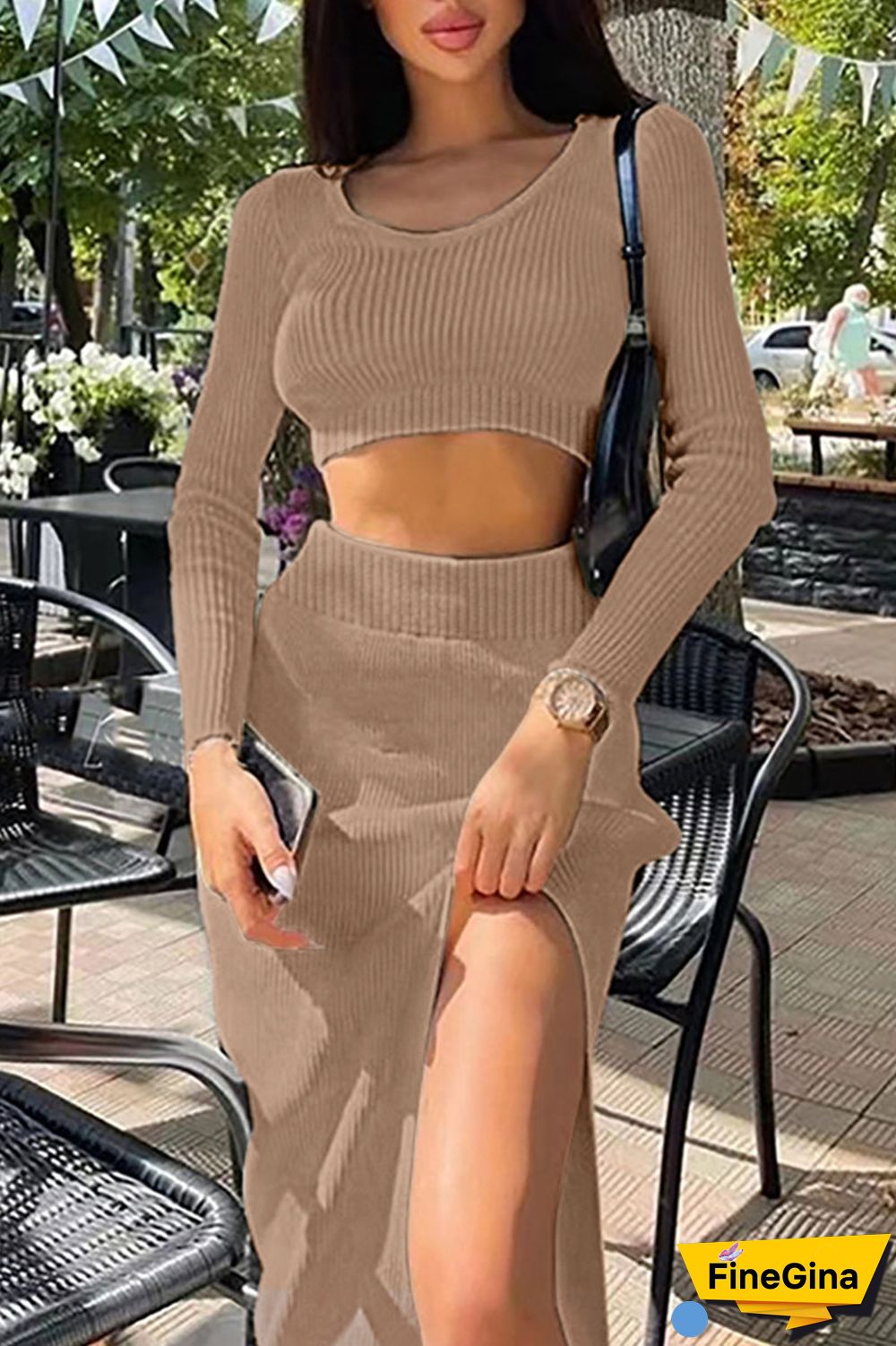 White Sexy Solid Patchwork Slit U Neck Long Sleeve Two Pieces