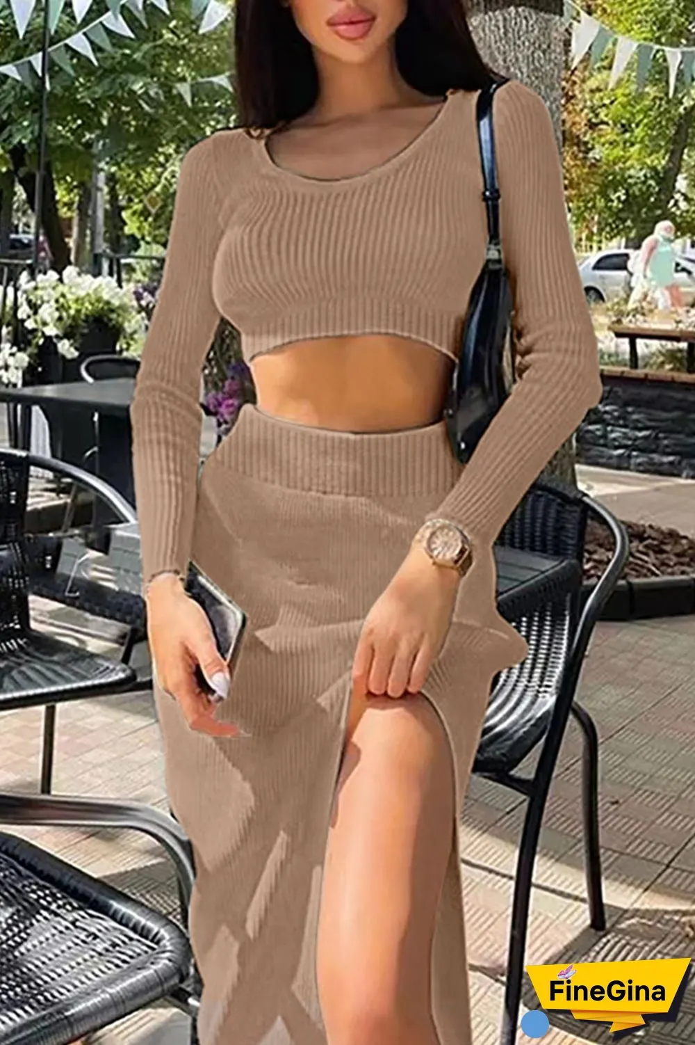 White Sexy Solid Patchwork Slit U Neck Long Sleeve Two Pieces
