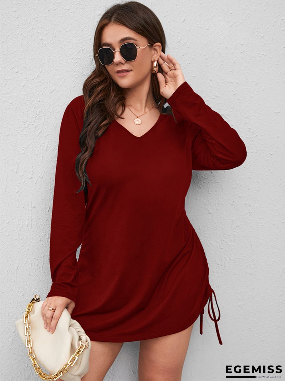 Large Dress Side Drawstring Long Sleeve V-neck Skirt | EGEMISS