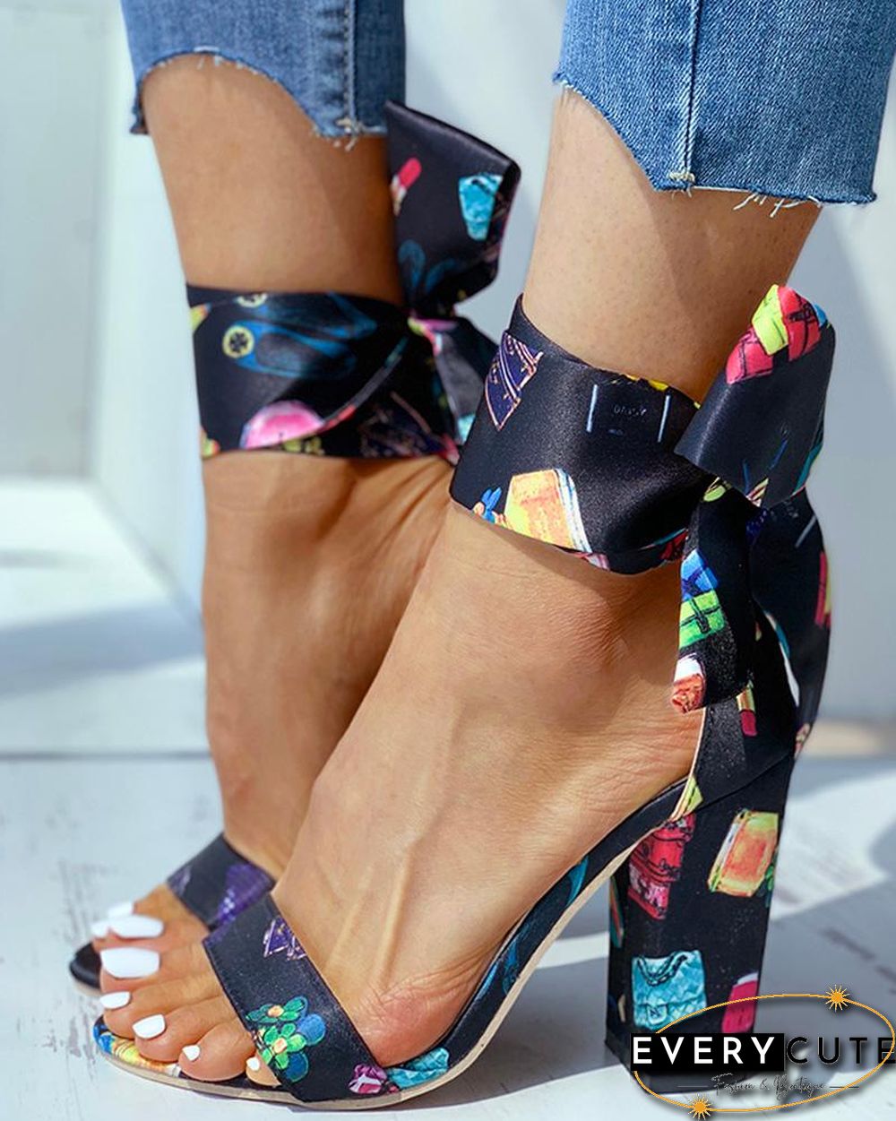 Open Toe Print Bowknot Block Heels