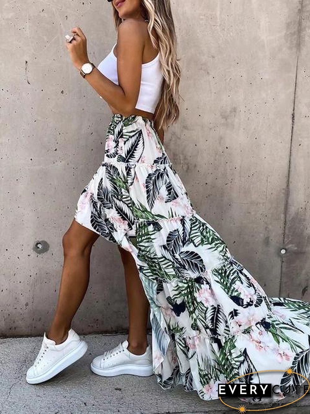 Casual Floral Print Asymmetrical Hem Skirt