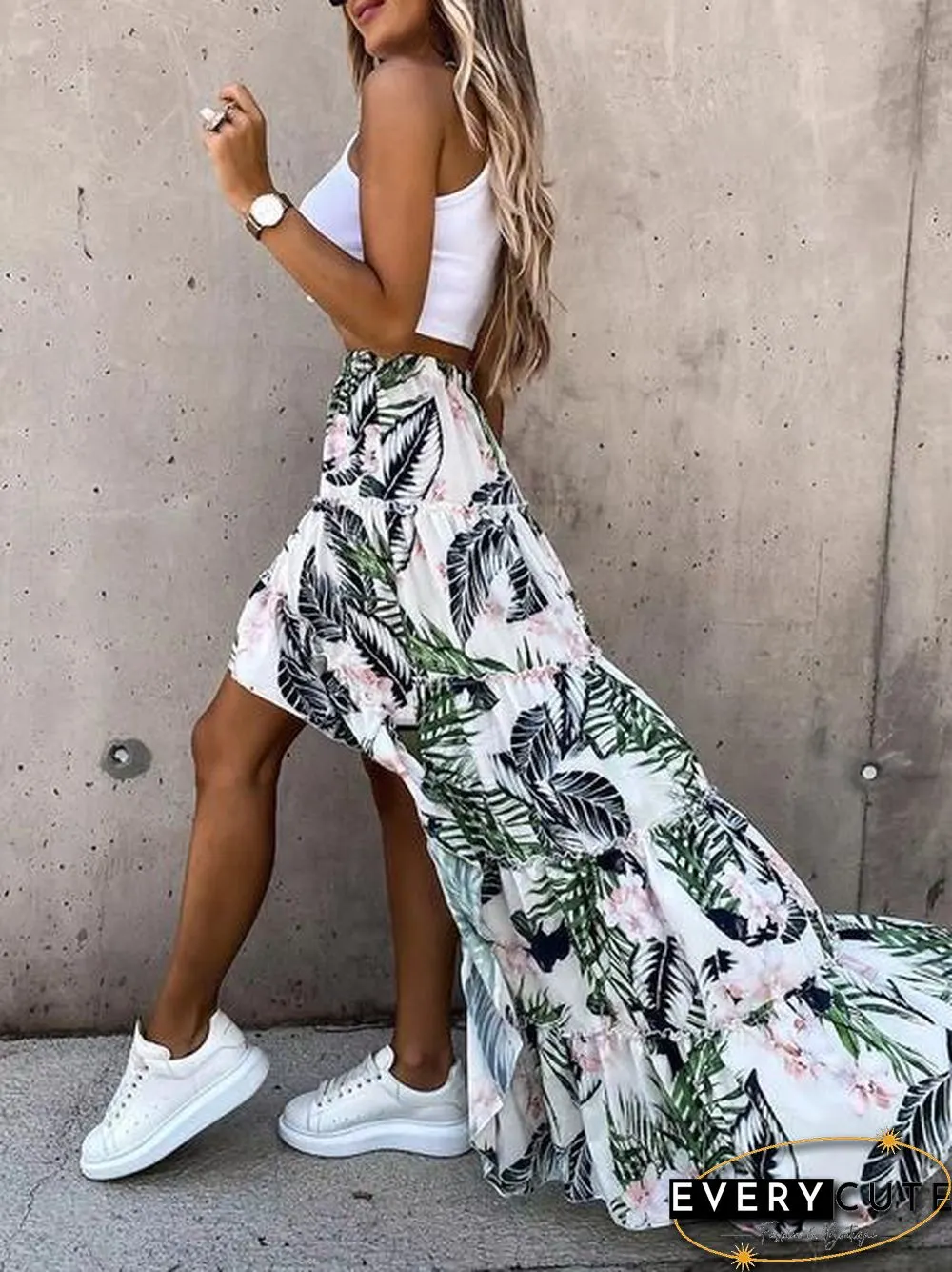 Casual Floral Print Asymmetrical Hem Skirt