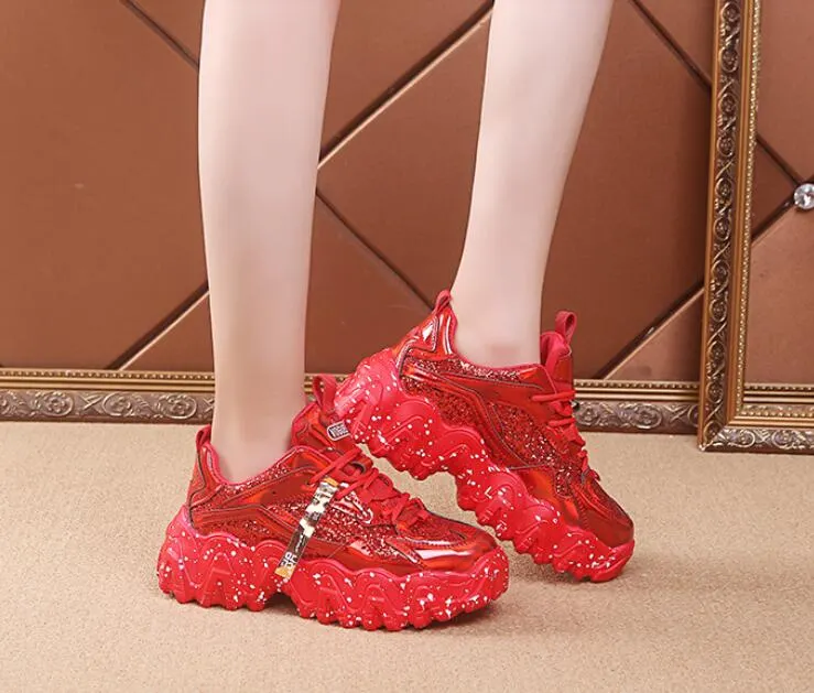 Fashion Women Shoes Dad Chunky Sneakers Women Luxury Comfortable Glossy Thick Sole Ladies Platform Wave Bottom Trainers Female