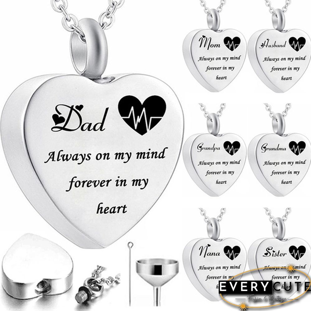 Always On My Mind Forever In My Heart Titanium Steel Funeral Cremation Heart Pendant Keepsake Urn Necklace For Ashes Memorial Jewelry Mementos With Funnel Kit