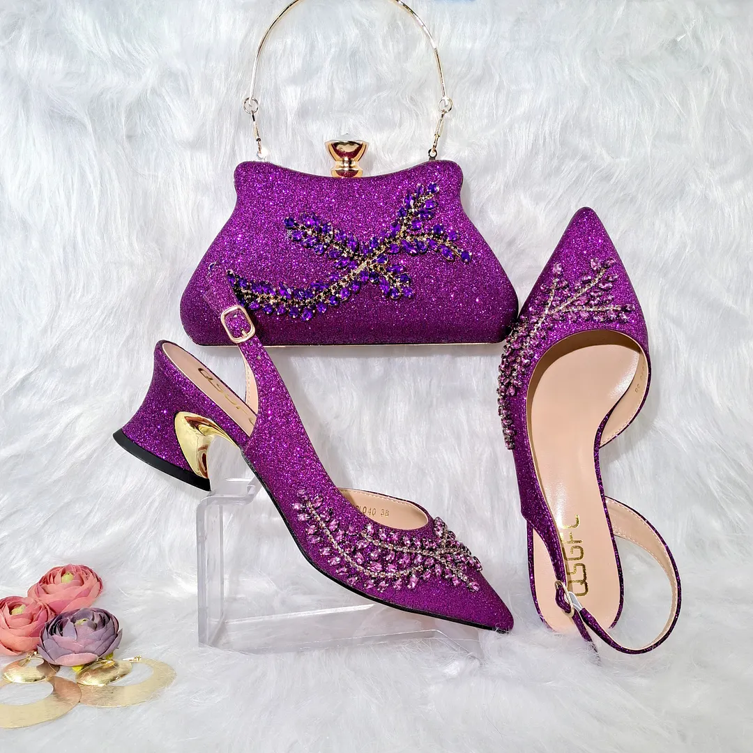 QSGFC 2022 Peach Color Shaped Mid-heel Design Shoes Popular Pointed Ladies Shoes And Bags African Wedding Party Shoes With Bag