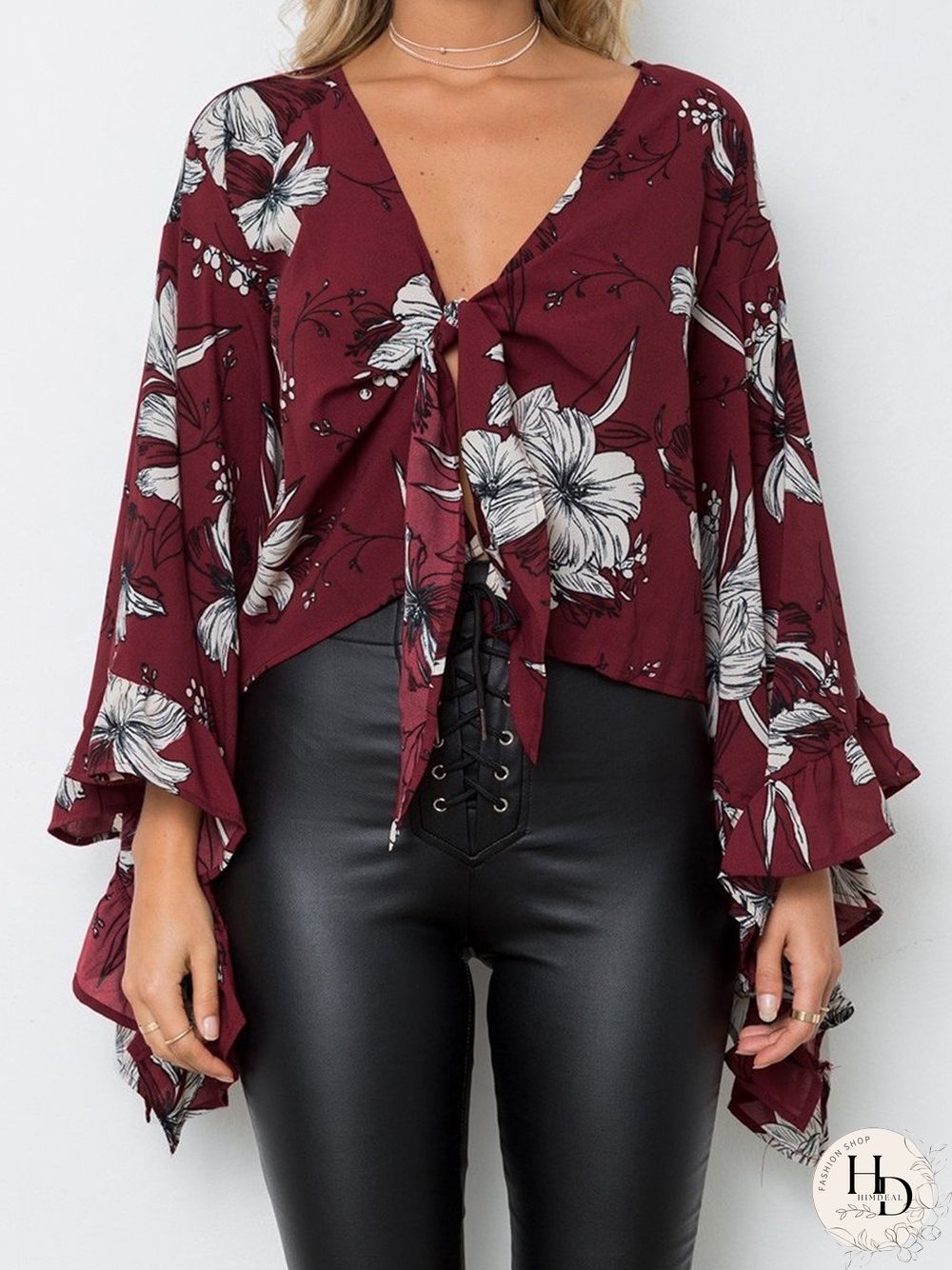 Long Sleeve Floral V-Neck Irregular Hem Top