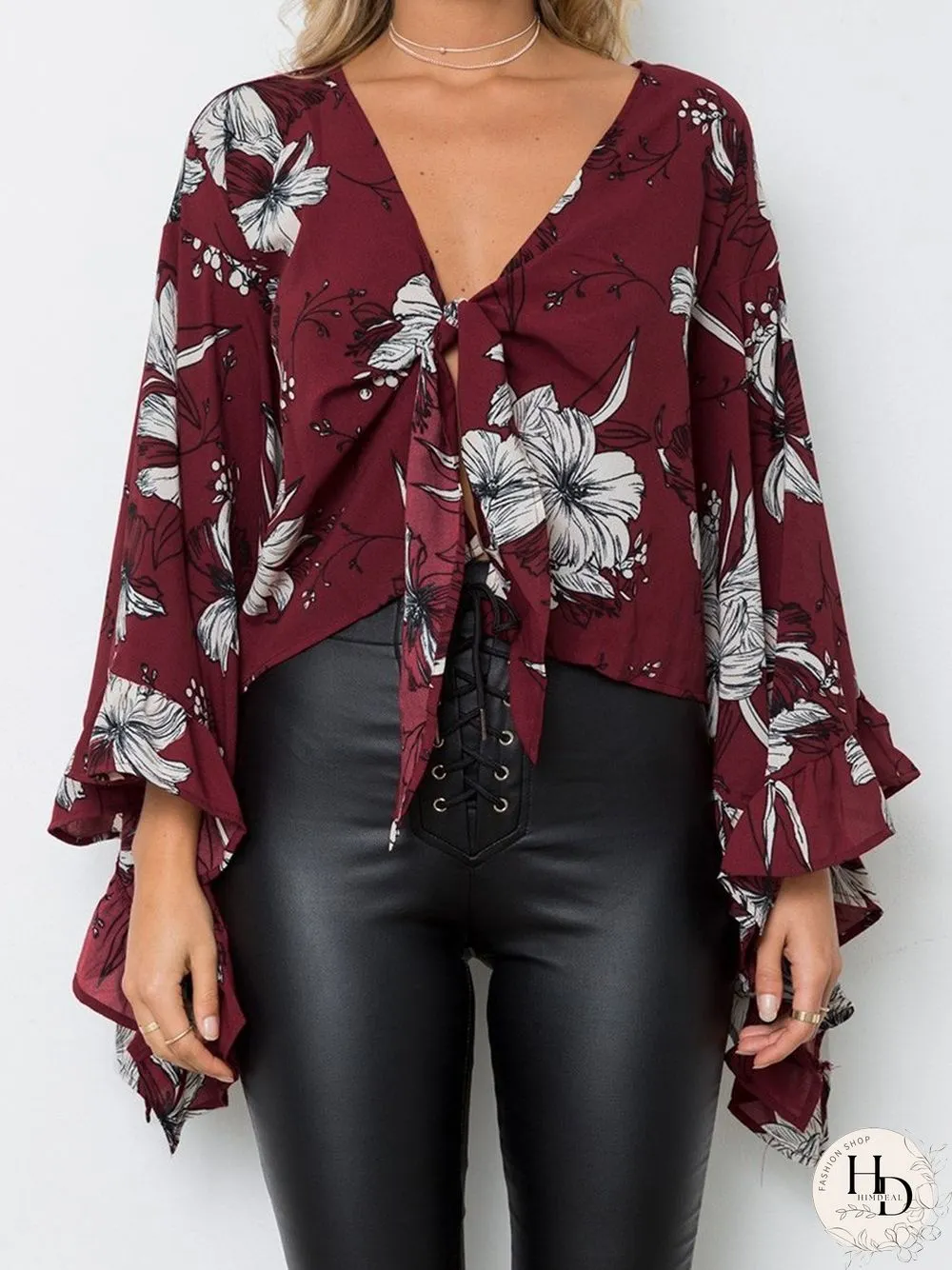 Long Sleeve Floral V-Neck Irregular Hem Top