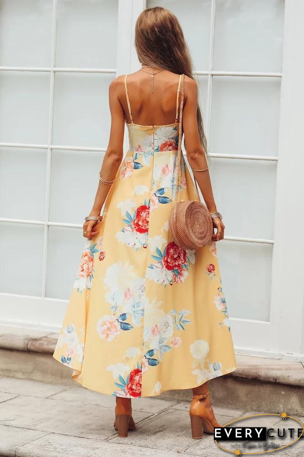 Pink Sleeveless Flowers Printed Irregular Hem Dress