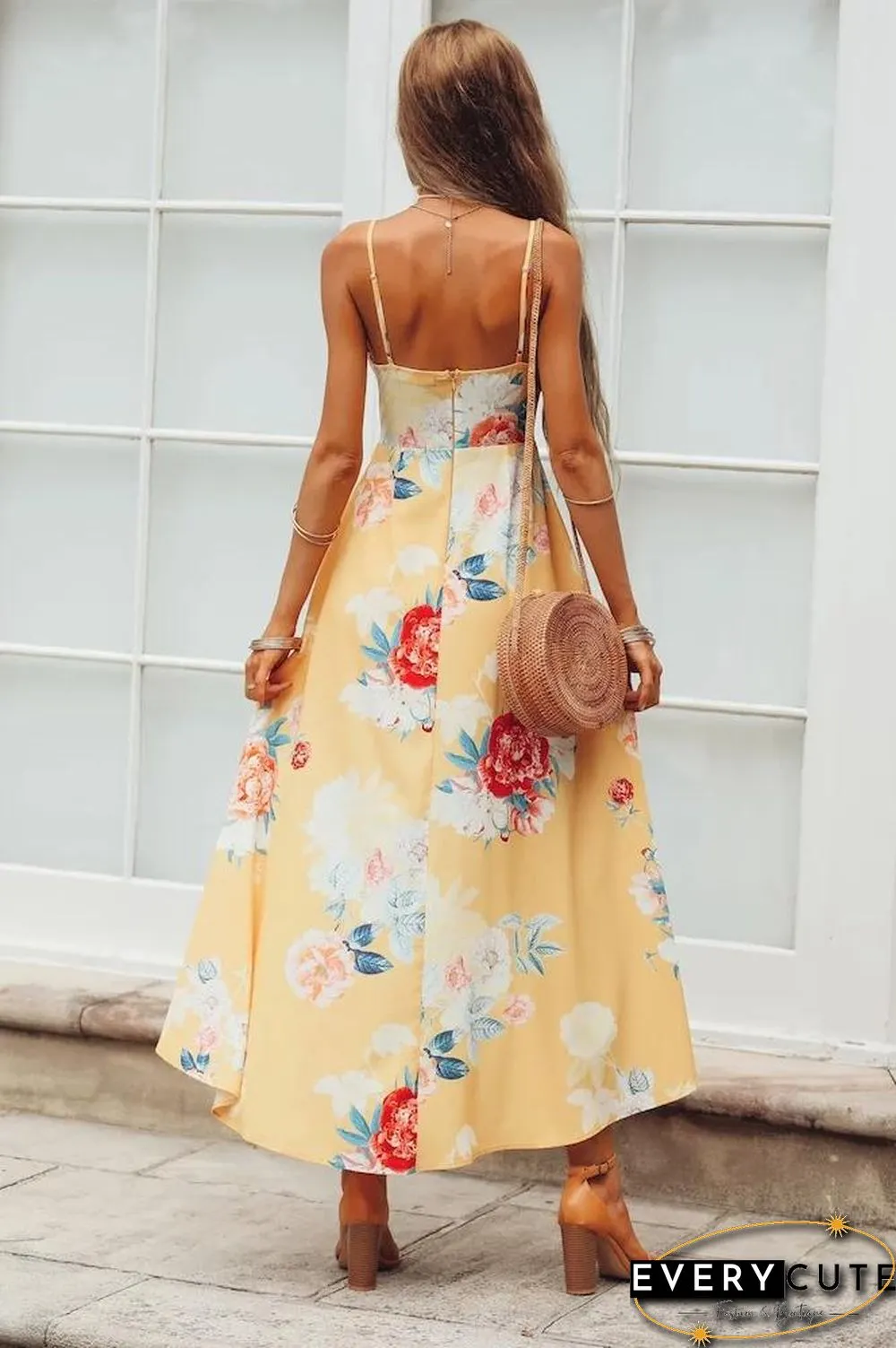Pink Sleeveless Flowers Printed Irregular Hem Dress