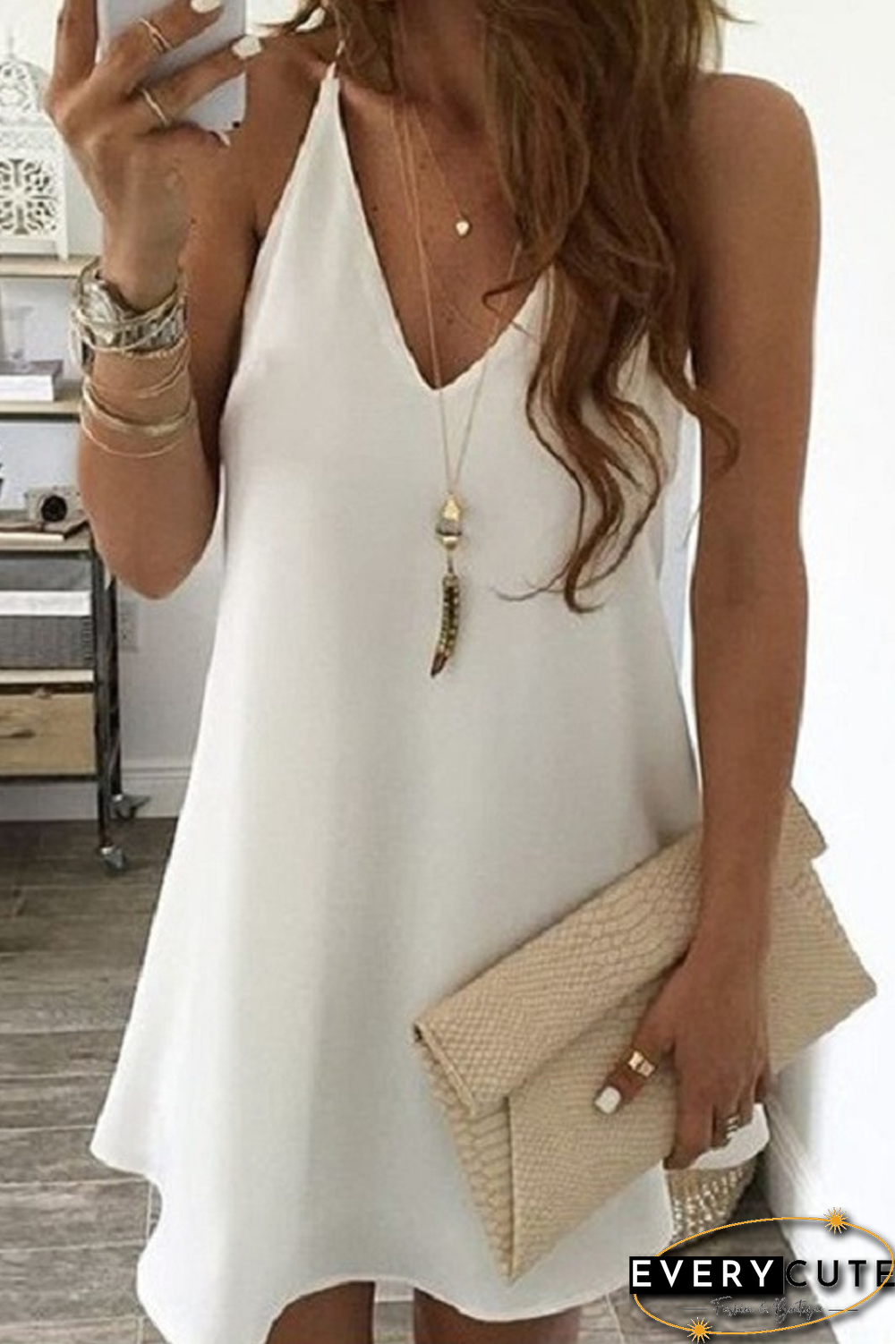 V-Neck Solid Color Sleeveless Midi Dress