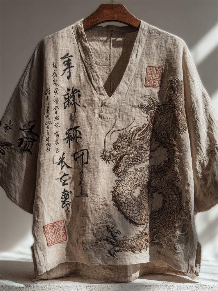 Japanese Dragon & Calligraphy Art Linen Shirt elevenforest