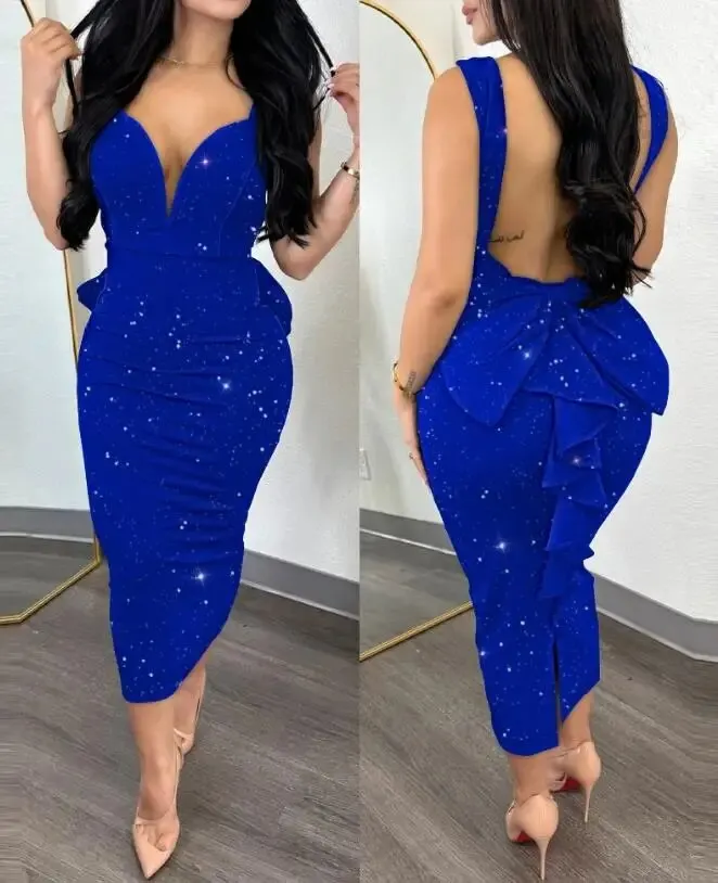 Uveng Sexy Glitter Ruffle Hem Backless Bodycon Evening Dress Women's Fashion Elegant Skinny Party Prom Dresses