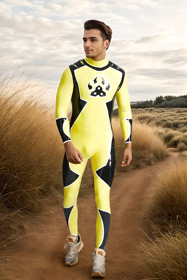 Men Latex Catsuits Galactica Back Zip Yellow Geometric
