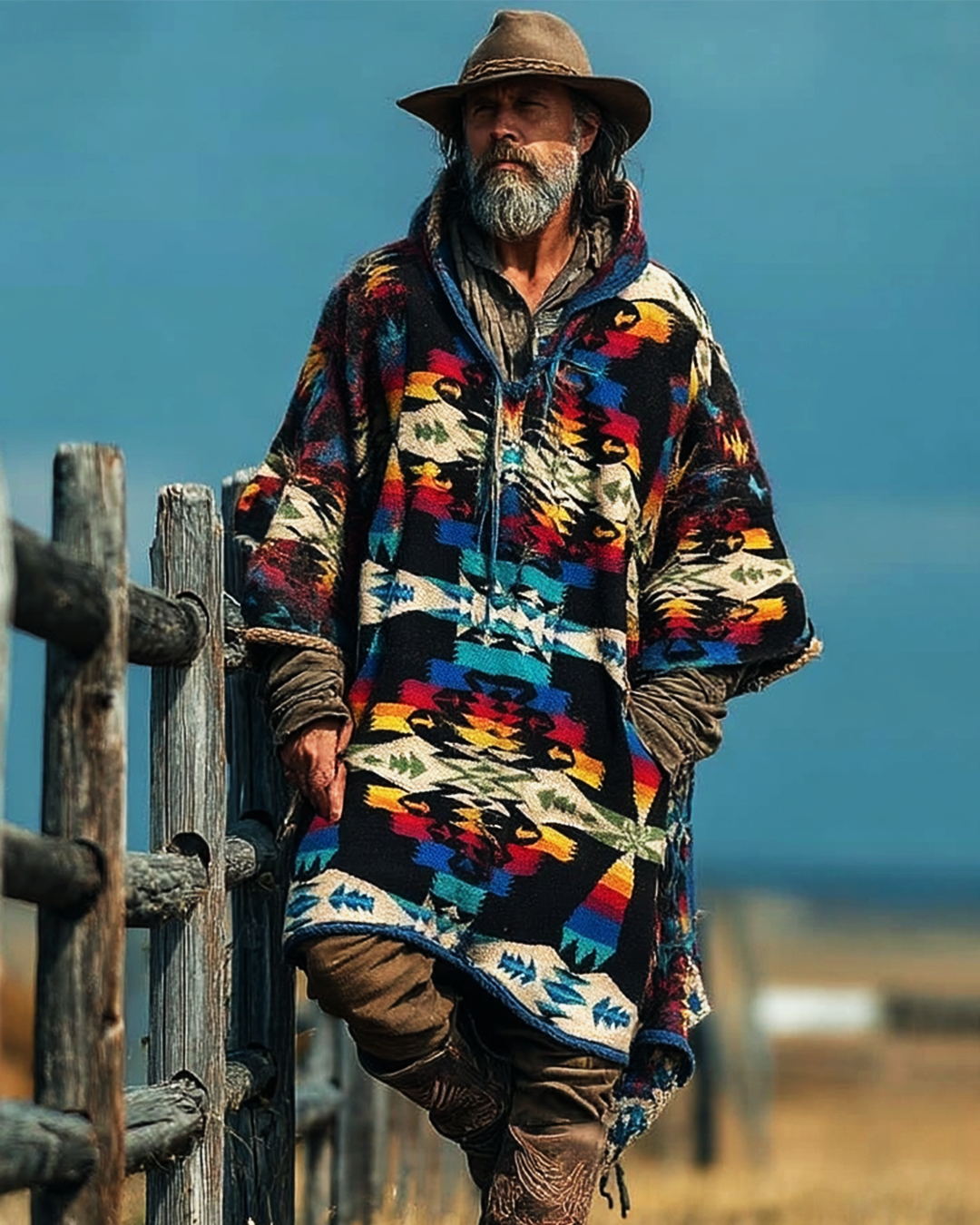 Men's ethnic Aztec print embroidered flannel hooded kaftan cfd5
