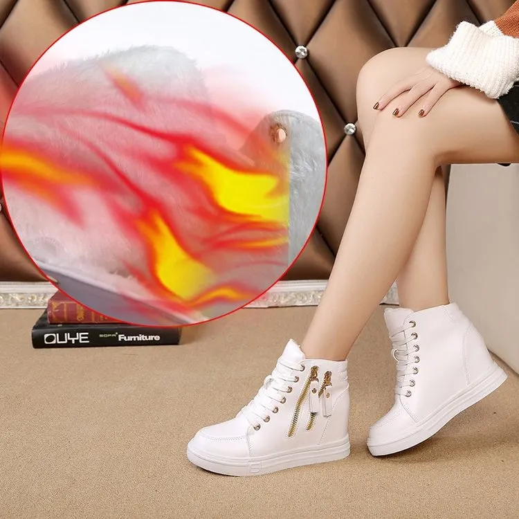 Women Wedge Platform Rubber Brogue Leather Lace Up High Heel 6 Cm Shoes Pointed Toe Increasing Creepers White Sneakers Zipper