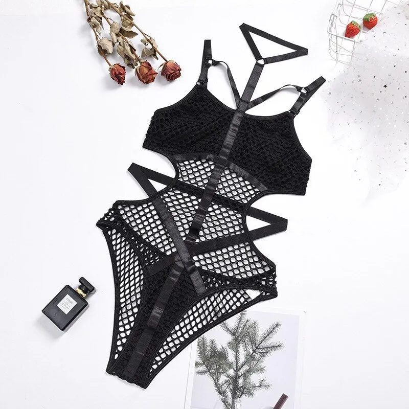 MIRABELLE Bodysuit Women Mesh Bodys Lace Exotic Costumes Halter Erotic Lingerie See Through Sexy Hollow Out Porno Overalls