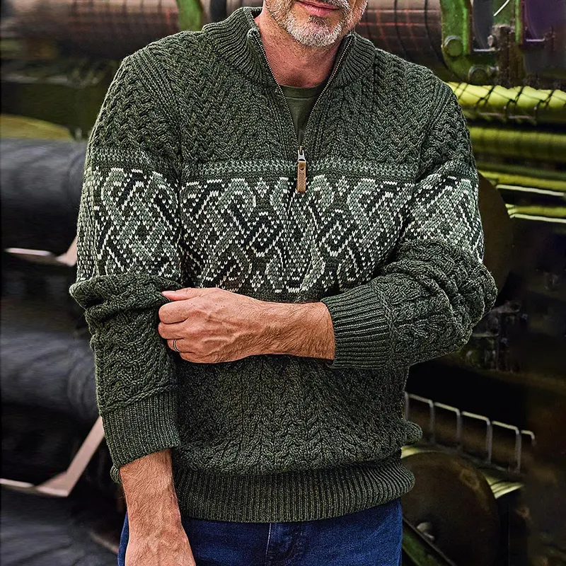 Vintage Warmth Celtic Aran Knit Jacquard Icelandic Half Zip Collar Sweater（Unisex ）